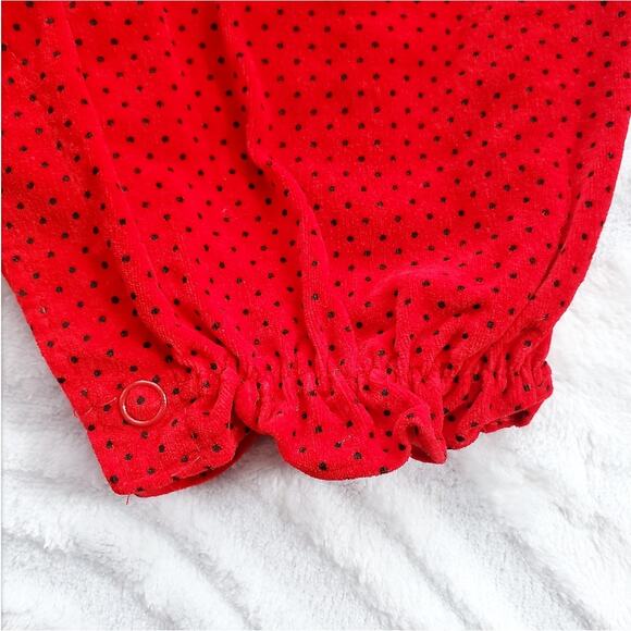 VTG 80s Red and Polkadot Velour Smocked Romper 6-9 Months - Picture 9 of 12
